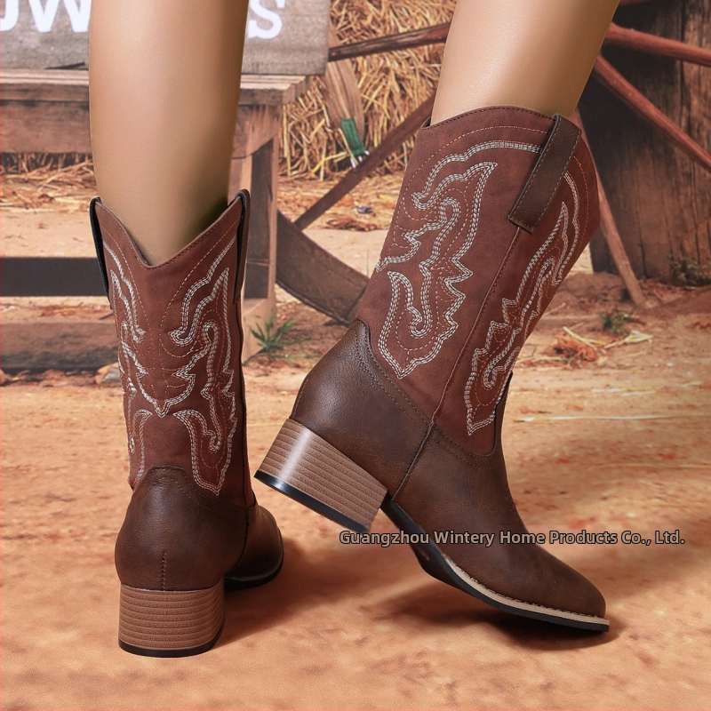 Dámske čižmy v západnom štýle v európskom a americkom štýle, retro, 2025, štyri ročné obdobia, zahraničný obchod, nové hotové čižmy so špicatou špičkou a cezhraničnou výškou do strednej trubky, výrobca zdroja