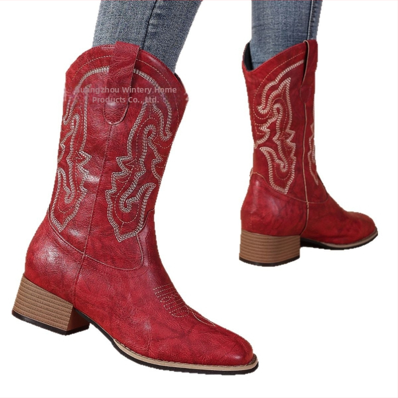 Dámske čižmy v západnom štýle v európskom a americkom štýle, retro, 2025, štyri ročné obdobia, zahraničný obchod, nové hotové čižmy so špicatou špičkou a cezhraničnou výškou do strednej trubky, výrobca zdroja