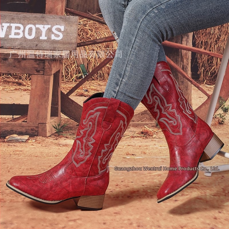 Dámske čižmy v západnom štýle v európskom a americkom štýle, retro, 2025, štyri ročné obdobia, zahraničný obchod, nové hotové čižmy so špicatou špičkou a cezhraničnou výškou do strednej trubky, výrobca zdroja