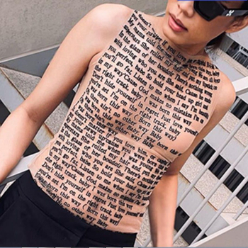 „AliExpress“ europietiško ir amerikietiško stiliaus pavasario ir vasaros nauji madingi spausdinti apvalios kaklo berankoviai liekninantys marškinėliai moterims