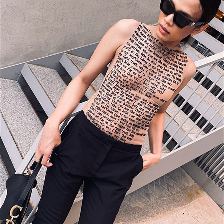 „AliExpress“ europietiško ir amerikietiško stiliaus pavasario ir vasaros nauji madingi spausdinti apvalios kaklo berankoviai liekninantys marškinėliai moterims