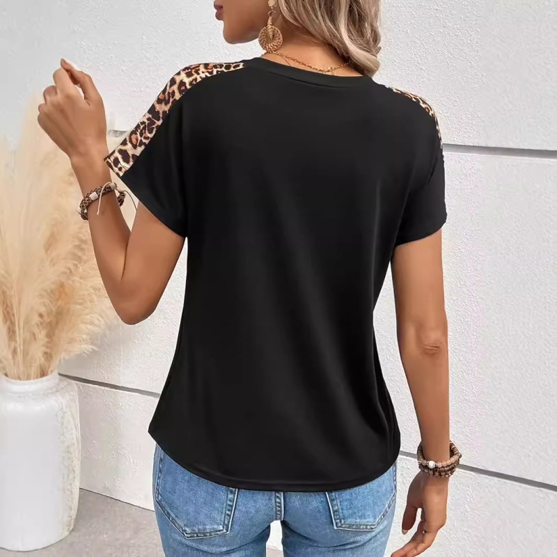 2024 Amazon Ευρώπη και Ηνωμένες Πολιτείες άνοιξη και καλοκαίρι νέο λεοπάρ μπλουζάκι με στρογγυλή λαιμόκοψη, κοντομάνικο, γυναικείο τοπ με διασυνοριακό εξωτερικό εμπόριο