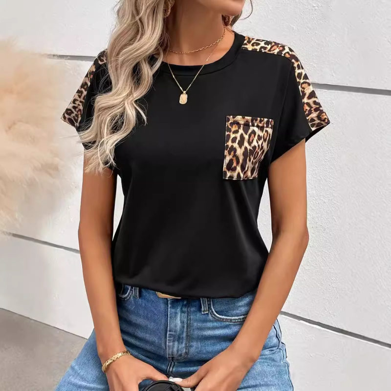 2024 Amazon Ευρώπη και Ηνωμένες Πολιτείες άνοιξη και καλοκαίρι νέο λεοπάρ μπλουζάκι με στρογγυλή λαιμόκοψη, κοντομάνικο, γυναικείο τοπ με διασυνοριακό εξωτερικό εμπόριο