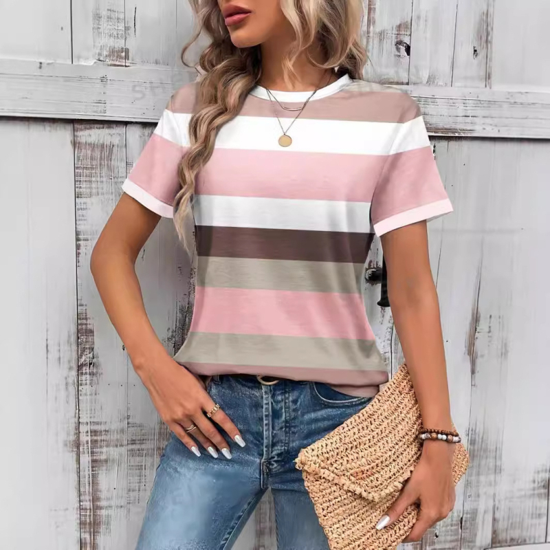 Γυναικείο Casual και Πολυχρηστικό Πουλόβερ με Στρογγυλή Λαιμόκοψη, Ριχτό T-shirt με Διχτυωτό Εσωτερικό, Άμεση Πώληση, Γεωμετρικές Πολύχρωμες Ρίγες, Τρισδιάστατη Ψηφιακή Εκτύπωση