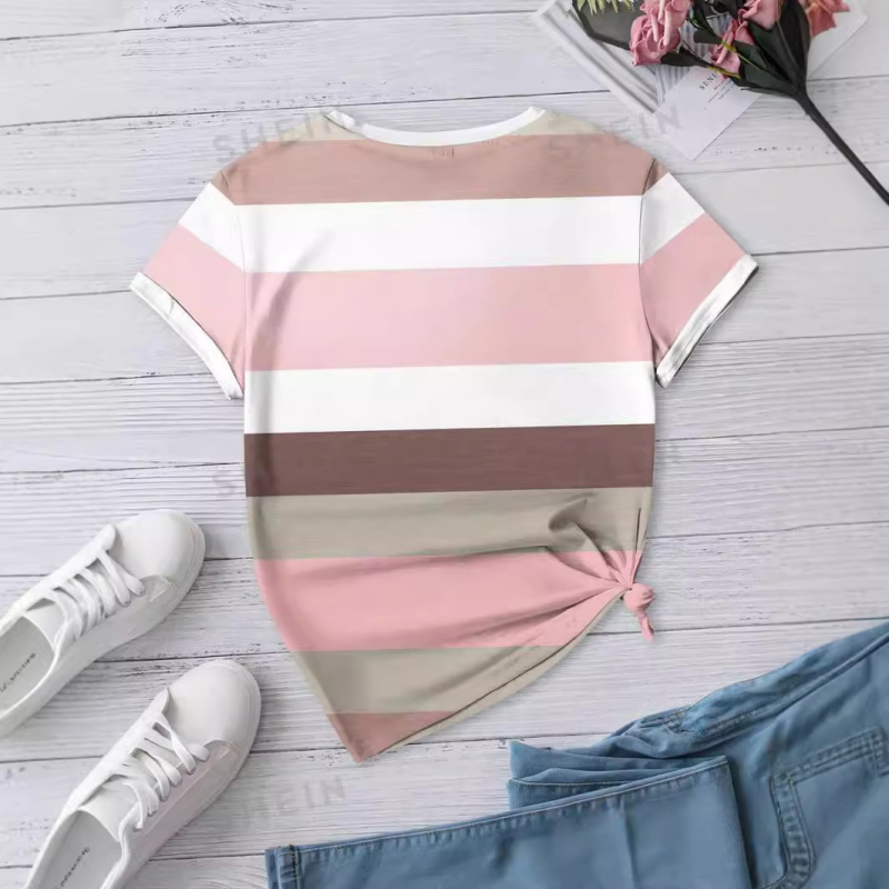 Γυναικείο Casual και Πολυχρηστικό Πουλόβερ με Στρογγυλή Λαιμόκοψη, Ριχτό T-shirt με Διχτυωτό Εσωτερικό, Άμεση Πώληση, Γεωμετρικές Πολύχρωμες Ρίγες, Τρισδιάστατη Ψηφιακή Εκτύπωση