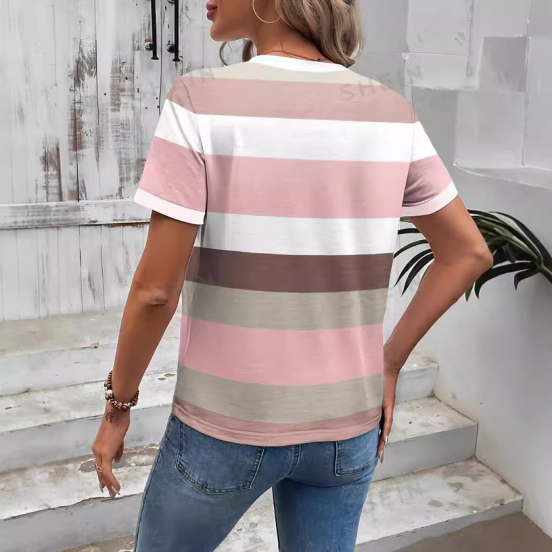 Γυναικείο Casual και Πολυχρηστικό Πουλόβερ με Στρογγυλή Λαιμόκοψη, Ριχτό T-shirt με Διχτυωτό Εσωτερικό, Άμεση Πώληση, Γεωμετρικές Πολύχρωμες Ρίγες, Τρισδιάστατη Ψηφιακή Εκτύπωση