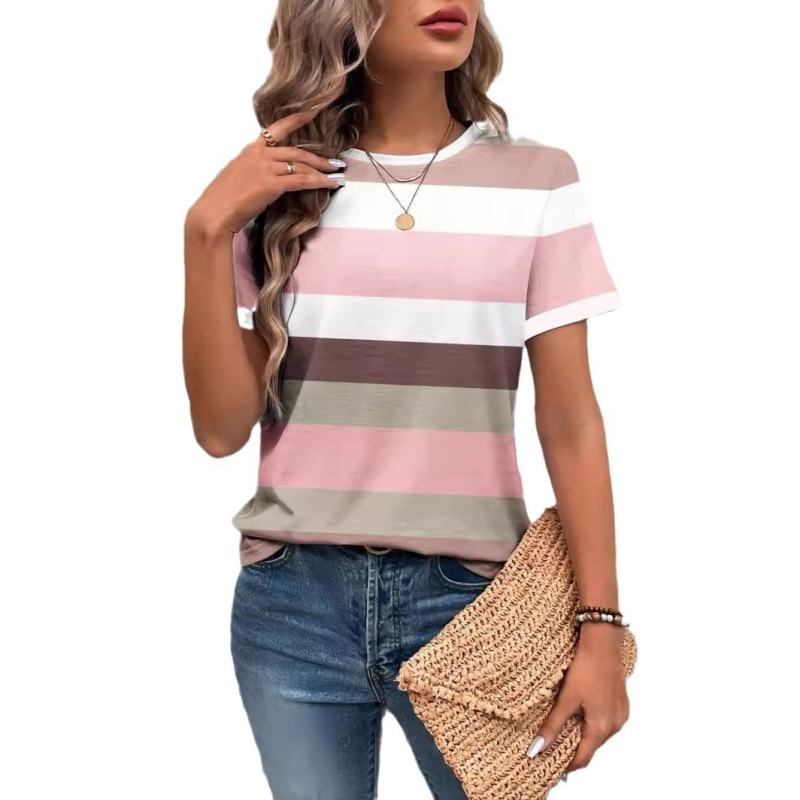 Γυναικείο Casual και Πολυχρηστικό Πουλόβερ με Στρογγυλή Λαιμόκοψη, Ριχτό T-shirt με Διχτυωτό Εσωτερικό, Άμεση Πώληση, Γεωμετρικές Πολύχρωμες Ρίγες, Τρισδιάστατη Ψηφιακή Εκτύπωση