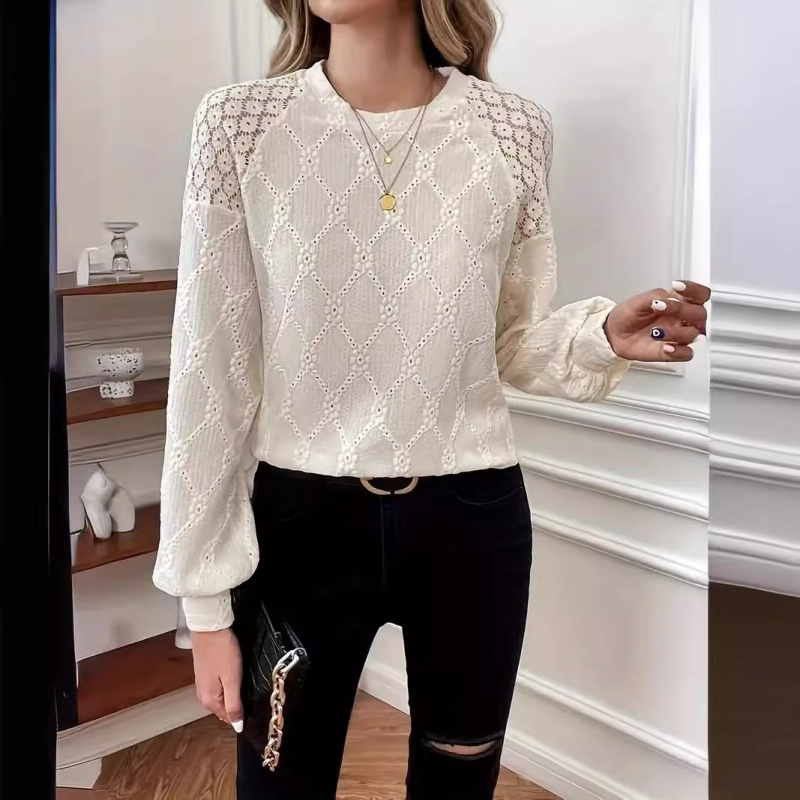 Γυναικείο μπλουζάκι με μακριά μανίκια και δαντέλα, ευρωπαϊκής και αμερικανικής διασυνοριακής εξαγωγής, κομψό, σε καθαρό χρώμα και στρογγυλή λαιμόκοψη, για γυναίκες