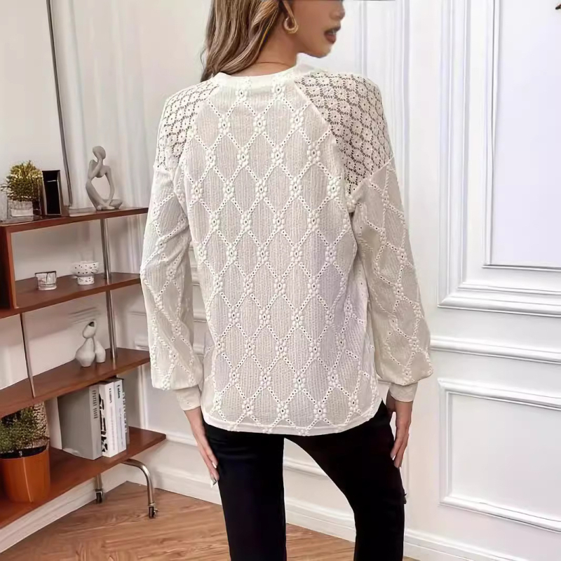 Γυναικείο μπλουζάκι με μακριά μανίκια και δαντέλα, ευρωπαϊκής και αμερικανικής διασυνοριακής εξαγωγής, κομψό, σε καθαρό χρώμα και στρογγυλή λαιμόκοψη, για γυναίκες