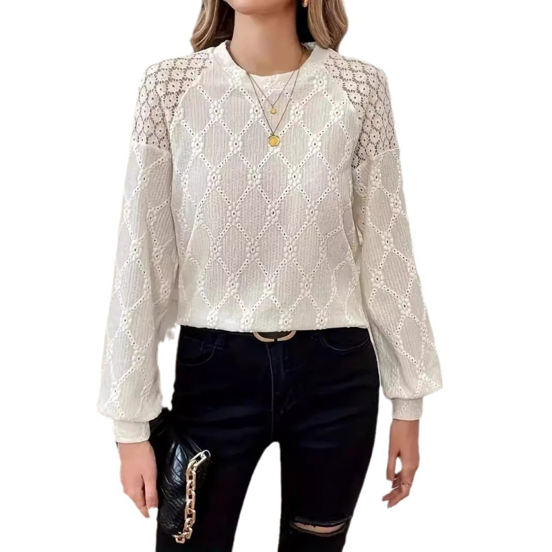 Γυναικείο μπλουζάκι με μακριά μανίκια και δαντέλα, ευρωπαϊκής και αμερικανικής διασυνοριακής εξαγωγής, κομψό, σε καθαρό χρώμα και στρογγυλή λαιμόκοψη, για γυναίκες