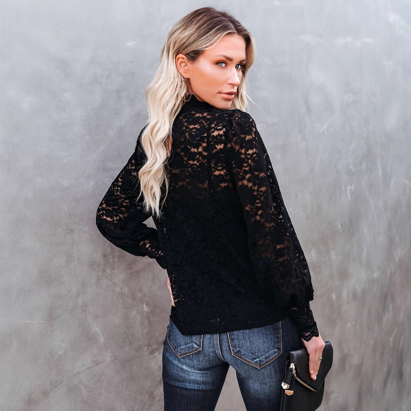 Κομψό μονόχρωμο μπλουζάκι με ψηλό γιακά και σχέδιο λουλουδιών, ημι-προοπτικό τοπ με δαντέλα, κατάλληλο για άνοιξη και φθινόπωρο, γυναικεία ρούχα