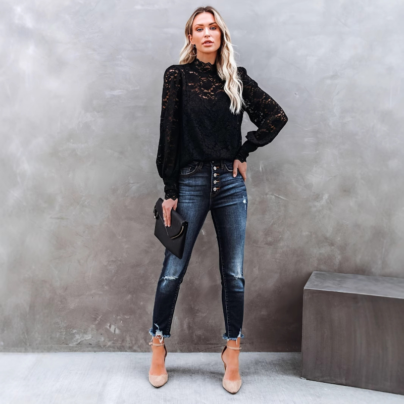 Κομψό μονόχρωμο μπλουζάκι με ψηλό γιακά και σχέδιο λουλουδιών, ημι-προοπτικό τοπ με δαντέλα, κατάλληλο για άνοιξη και φθινόπωρο, γυναικεία ρούχα