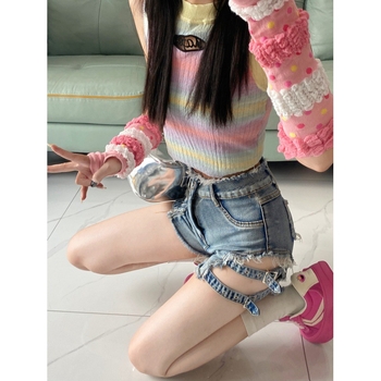 Μπλε ελαστικό στενό τζιν σορτς σε στενή γραμμή, γυναικείο σέξι αμερικανικό στυλ ρετρό χορού, καυτό παντελόνι