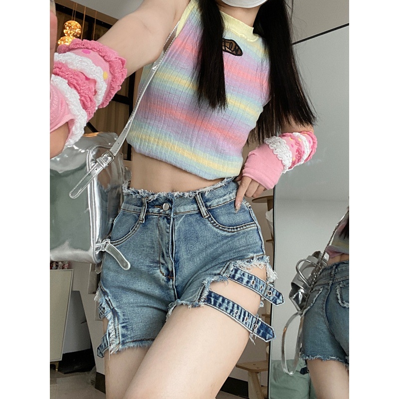 Μπλε ελαστικό στενό τζιν σορτς σε στενή γραμμή, γυναικείο σέξι αμερικανικό στυλ ρετρό χορού, καυτό παντελόνι