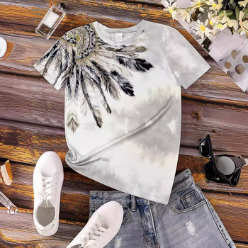 Ρούχα Νέο Εξωτερικό Εμπόριο Ευρωπαϊκό και Αμερικανικό Μπλούζα Γυναικείο Κοντό Μανίκι Διασυνοριακό Νέο Ψηφιακό Εκτυπωμένο Στρογγυλό Λαιμόκοψη Ριχτό Μπλούζα Κοντό Μανίκι