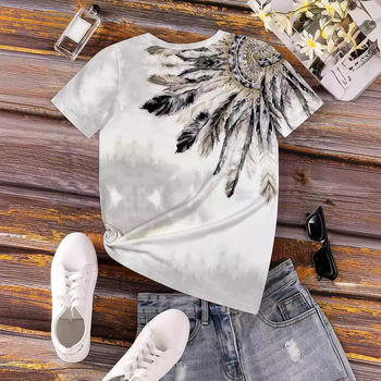 Ρούχα Νέο Εξωτερικό Εμπόριο Ευρωπαϊκό και Αμερικανικό Μπλούζα Γυναικείο Κοντό Μανίκι Διασυνοριακό Νέο Ψηφιακό Εκτυπωμένο Στρογγυλό Λαιμόκοψη Ριχτό Μπλούζα Κοντό Μανίκι