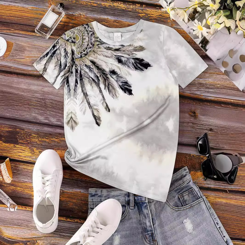 Ρούχα Νέο Εξωτερικό Εμπόριο Ευρωπαϊκό και Αμερικανικό Μπλούζα Γυναικείο Κοντό Μανίκι Διασυνοριακό Νέο Ψηφιακό Εκτυπωμένο Στρογγυλό Λαιμόκοψη Ριχτό Μπλούζα Κοντό Μανίκι