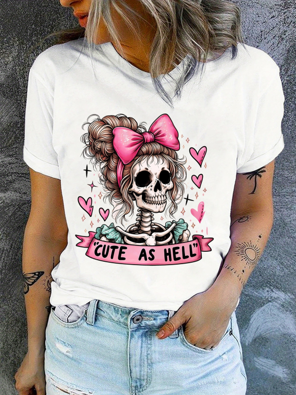 Μπλούζα με κρανίο και λουλούδι, με στρογγυλή λαιμόκοψη, καυτή γυναικεία μπλούζα για γιορτές, για πάρτι Halloween