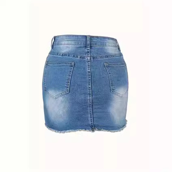 Γυναικεία ίσια φούστα τζιν plus size με τρύπες, σέξι, μονόχρωμη, casual, ψηλόμεση φούστα σε γραμμή Α με φούντες και πλυμένα μουστάκια γάτας