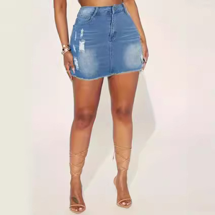 Γυναικεία ίσια φούστα τζιν plus size με τρύπες, σέξι, μονόχρωμη, casual, ψηλόμεση φούστα σε γραμμή Α με φούντες και πλυμένα μουστάκια γάτας