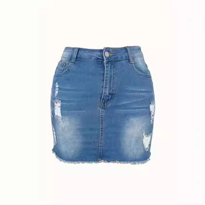 Γυναικεία ίσια φούστα τζιν plus size με τρύπες, σέξι, μονόχρωμη, casual, ψηλόμεση φούστα σε γραμμή Α με φούντες και πλυμένα μουστάκια γάτας