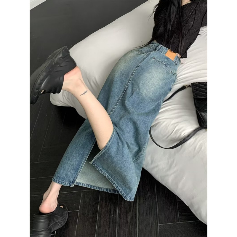 Νέα ρετρό φούστα τζιν με πλυμένο μπλε σκίσιμο για γυναίκες με ψηλή μέση και αδυνατιστική εμφάνιση, φούστα μεσαίου μήκους σε γραμμή Α μέχρι τους γοφούς για κοντές γυναίκες