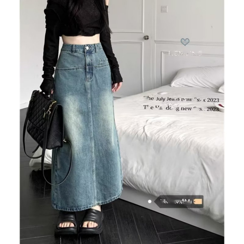 Νέα ρετρό φούστα τζιν με πλυμένο μπλε σκίσιμο για γυναίκες με ψηλή μέση και αδυνατιστική εμφάνιση, φούστα μεσαίου μήκους σε γραμμή Α μέχρι τους γοφούς για κοντές γυναίκες