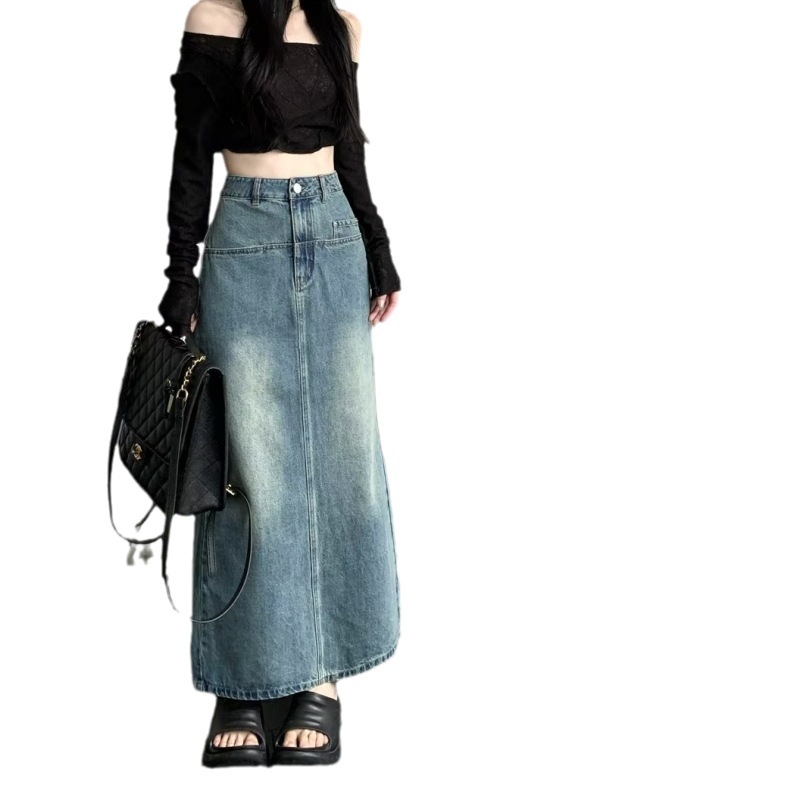 Νέα ρετρό φούστα τζιν με πλυμένο μπλε σκίσιμο για γυναίκες με ψηλή μέση και αδυνατιστική εμφάνιση, φούστα μεσαίου μήκους σε γραμμή Α μέχρι τους γοφούς για κοντές γυναίκες