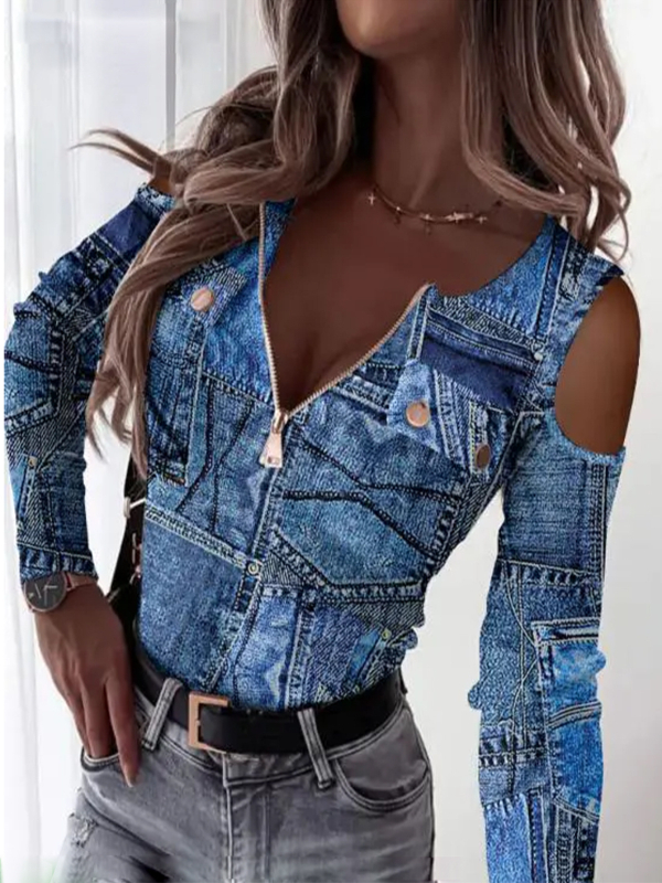 2024 διασυνοριακός ανεξάρτητος σταθμός TEMU Amazon μπροστινό φερμουάρ τυπωμένο ιδιοσυγκρασία casual μόδα T-shirt τοπ γυναικεία ρούχα