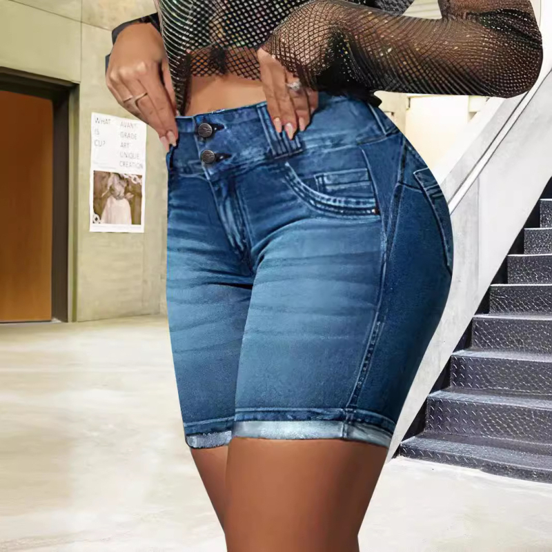 2025 Νέα Ευρωπαϊκή και Αμερικανική Amazon Aliexpress Cross-Border Μπλε Τζιν Σορτς Γυναικείο Λεπτό Ελαστικό Παντελόνι στη Μέση Μέση, Μοντέρνο Εξαγωγικό