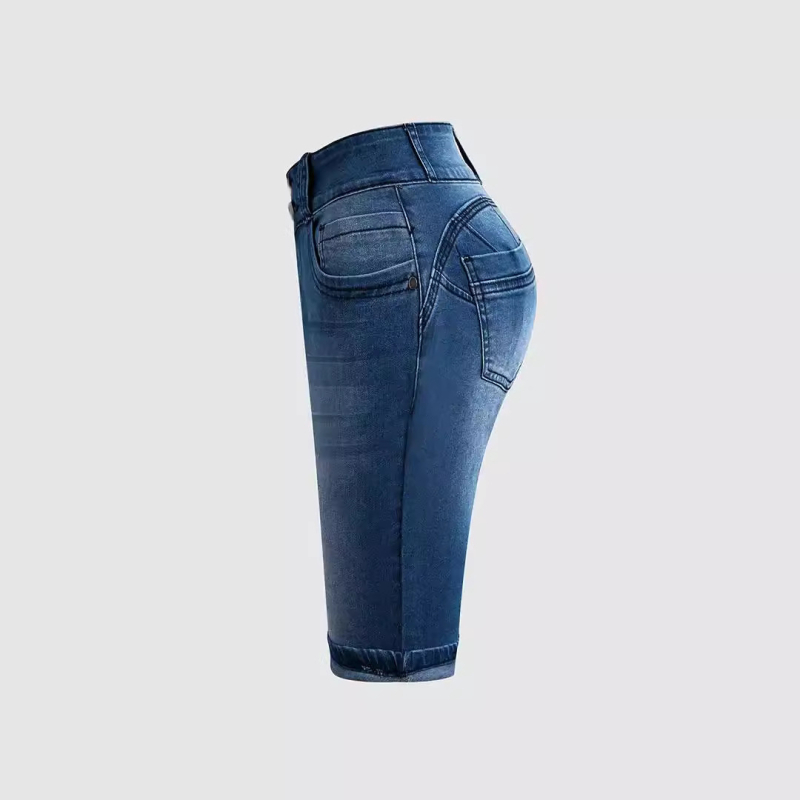 2025 Νέα Ευρωπαϊκή και Αμερικανική Amazon Aliexpress Cross-Border Μπλε Τζιν Σορτς Γυναικείο Λεπτό Ελαστικό Παντελόνι στη Μέση Μέση, Μοντέρνο Εξαγωγικό