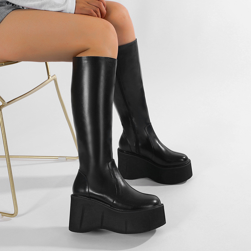 Ψηλοτάκουνες μπότες με χοντρή σόλα και τακούνι-σφήνα, μπότες muffin με χοντρή σόλα και chimney but leg back μέχρι το γόνατο, ζεστές μπότες για το φθινόπωρο και τον χειμώνα