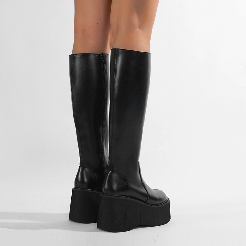 Ψηλοτάκουνες μπότες με χοντρή σόλα και τακούνι-σφήνα, μπότες muffin με χοντρή σόλα και chimney but leg back μέχρι το γόνατο, ζεστές μπότες για το φθινόπωρο και τον χειμώνα