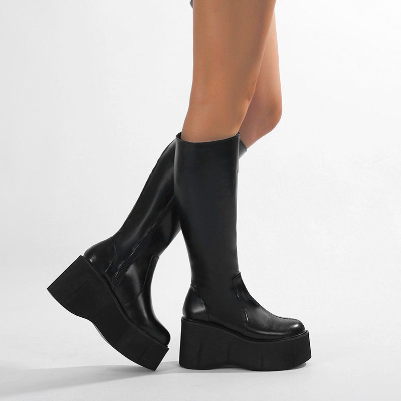 Ψηλοτάκουνες μπότες με χοντρή σόλα και τακούνι-σφήνα, μπότες muffin με χοντρή σόλα και chimney but leg back μέχρι το γόνατο, ζεστές μπότες για το φθινόπωρο και τον χειμώνα