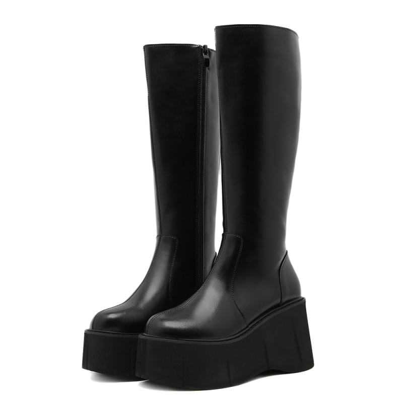 Ψηλοτάκουνες μπότες με χοντρή σόλα και τακούνι-σφήνα, μπότες muffin με χοντρή σόλα και chimney but leg back μέχρι το γόνατο, ζεστές μπότες για το φθινόπωρο και τον χειμώνα