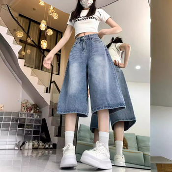 Αμερικάνικο ρετρό μπλε τζιν κοντό παντελόνι Νέα καλοκαιρινά τζιν χαλαρά ντραπέ με φαρδιά μπατζάκια ίσια τζιν casual