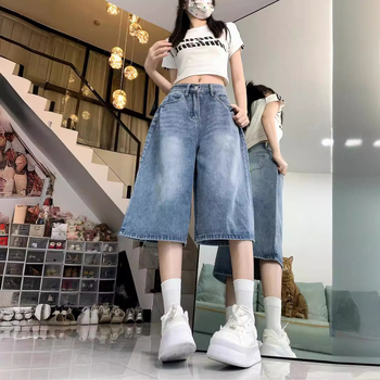 Αμερικάνικο ρετρό μπλε τζιν κοντό παντελόνι Νέα καλοκαιρινά τζιν χαλαρά ντραπέ με φαρδιά μπατζάκια ίσια τζιν casual