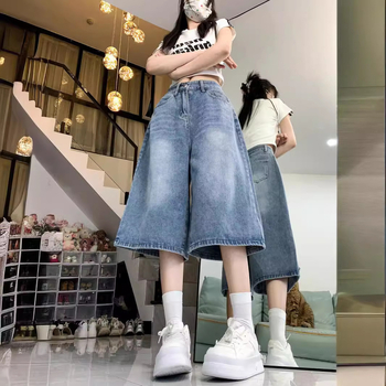 Αμερικάνικο ρετρό μπλε τζιν κοντό παντελόνι Νέα καλοκαιρινά τζιν χαλαρά ντραπέ με φαρδιά μπατζάκια ίσια τζιν casual