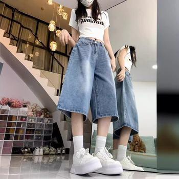 Αμερικάνικο ρετρό μπλε τζιν κοντό παντελόνι Νέα καλοκαιρινά τζιν χαλαρά ντραπέ με φαρδιά μπατζάκια ίσια τζιν casual