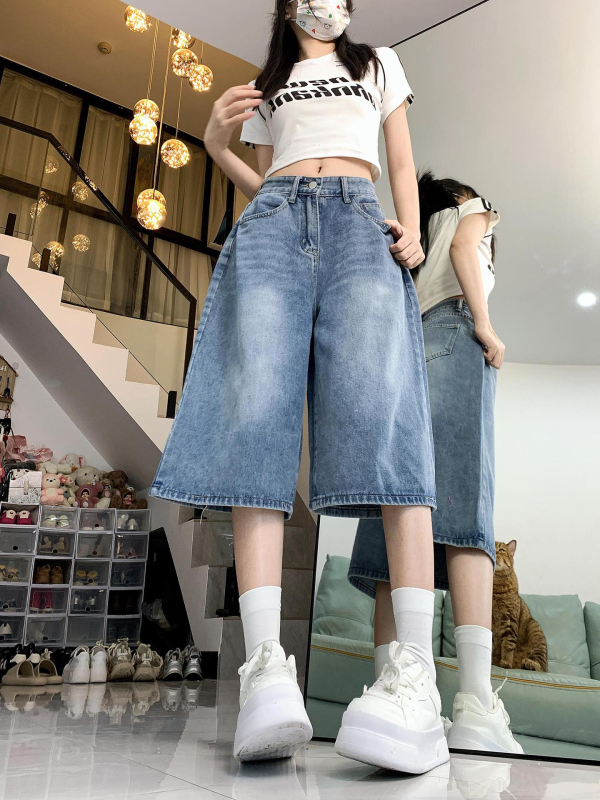 Αμερικάνικο ρετρό μπλε τζιν κοντό παντελόνι Νέα καλοκαιρινά τζιν χαλαρά ντραπέ με φαρδιά μπατζάκια ίσια τζιν casual