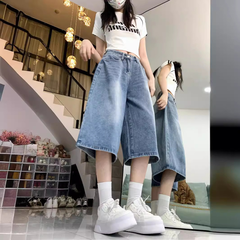 Αμερικάνικο ρετρό μπλε τζιν κοντό παντελόνι Νέα καλοκαιρινά τζιν χαλαρά ντραπέ με φαρδιά μπατζάκια ίσια τζιν casual