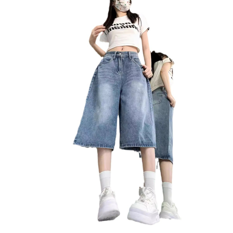 Αμερικάνικο ρετρό μπλε τζιν κοντό παντελόνι Νέα καλοκαιρινά τζιν χαλαρά ντραπέ με φαρδιά μπατζάκια ίσια τζιν casual
