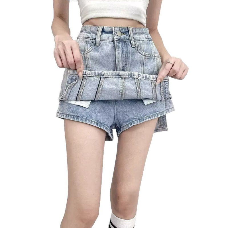 Γυναικείο σορτς τζιν με ψηλή μέση, vintage, άνοιξη-φθινόπωρο και χειμώνας 2025, νέο στυλ, ελαστικό, αδυνατιστικό παντελόνι σε σχήμα Α για μικρά κορίτσια