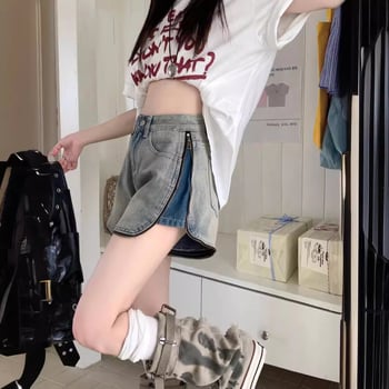 Γυναικεία σορτς τζιν με πλαϊνή αλυσίδα, καλοκαίρι 2024, νέο στυλ, χαλαρή εφαρμογή, μικρό, ρυθμιζόμενο σορτς με προσωπικότητα