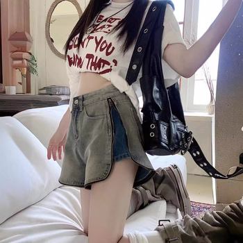 Γυναικεία σορτς τζιν με πλαϊνή αλυσίδα, καλοκαίρι 2024, νέο στυλ, χαλαρή εφαρμογή, μικρό, ρυθμιζόμενο σορτς με προσωπικότητα