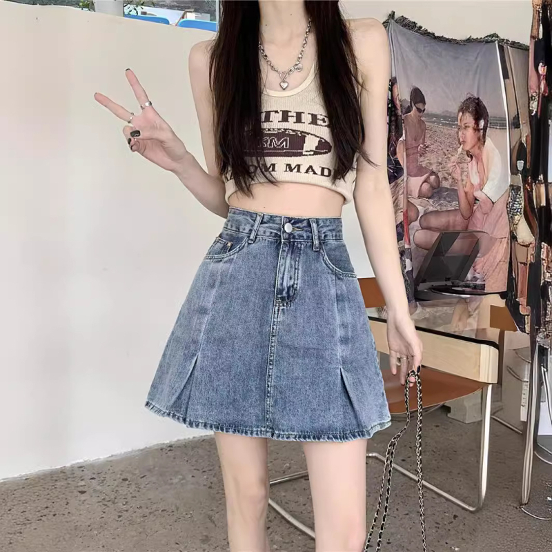 Γυναικεία φούστα τζιν Vintage Design Sense, καλοκαίρι 2024, νέα, ψηλόμεση, χαλαρή, λεπτή φούστα σε γραμμή Α, μέχρι τον γοφό