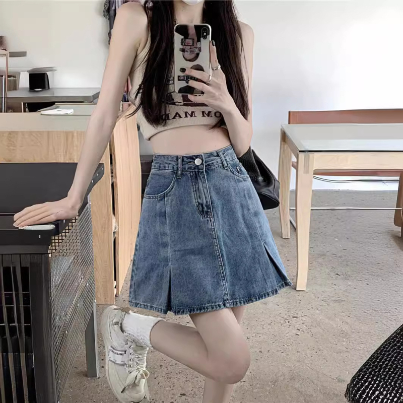 Γυναικεία φούστα τζιν Vintage Design Sense, καλοκαίρι 2024, νέα, ψηλόμεση, χαλαρή, λεπτή φούστα σε γραμμή Α, μέχρι τον γοφό