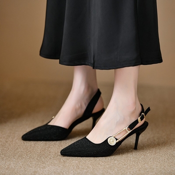 Γυναικεία ψηλοτάκουνα παπούτσια στιλέτο με μυτερή μύτη, ύφασμα με στρας, άνοιξη-καλοκαίρι 2024, σανδάλια με αγκράφα και φούστα, παπούτσια για πάρτι