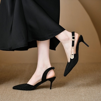 Γυναικεία ψηλοτάκουνα παπούτσια στιλέτο με μυτερή μύτη, ύφασμα με στρας, άνοιξη-καλοκαίρι 2024, σανδάλια με αγκράφα και φούστα, παπούτσια για πάρτι