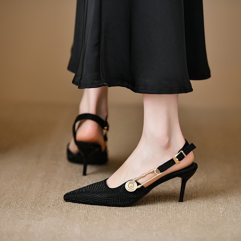 Γυναικεία ψηλοτάκουνα παπούτσια στιλέτο με μυτερή μύτη, ύφασμα με στρας, άνοιξη-καλοκαίρι 2024, σανδάλια με αγκράφα και φούστα, παπούτσια για πάρτι